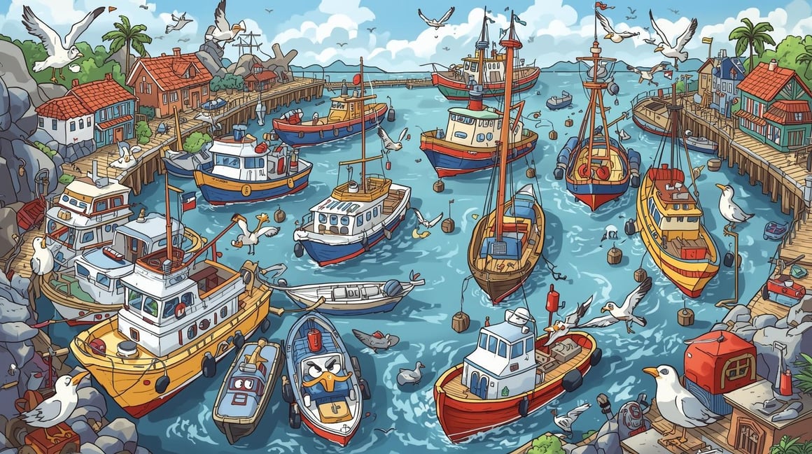 A comical cartoon of a marina with 11 different boats in it of all different shapes and sizes
