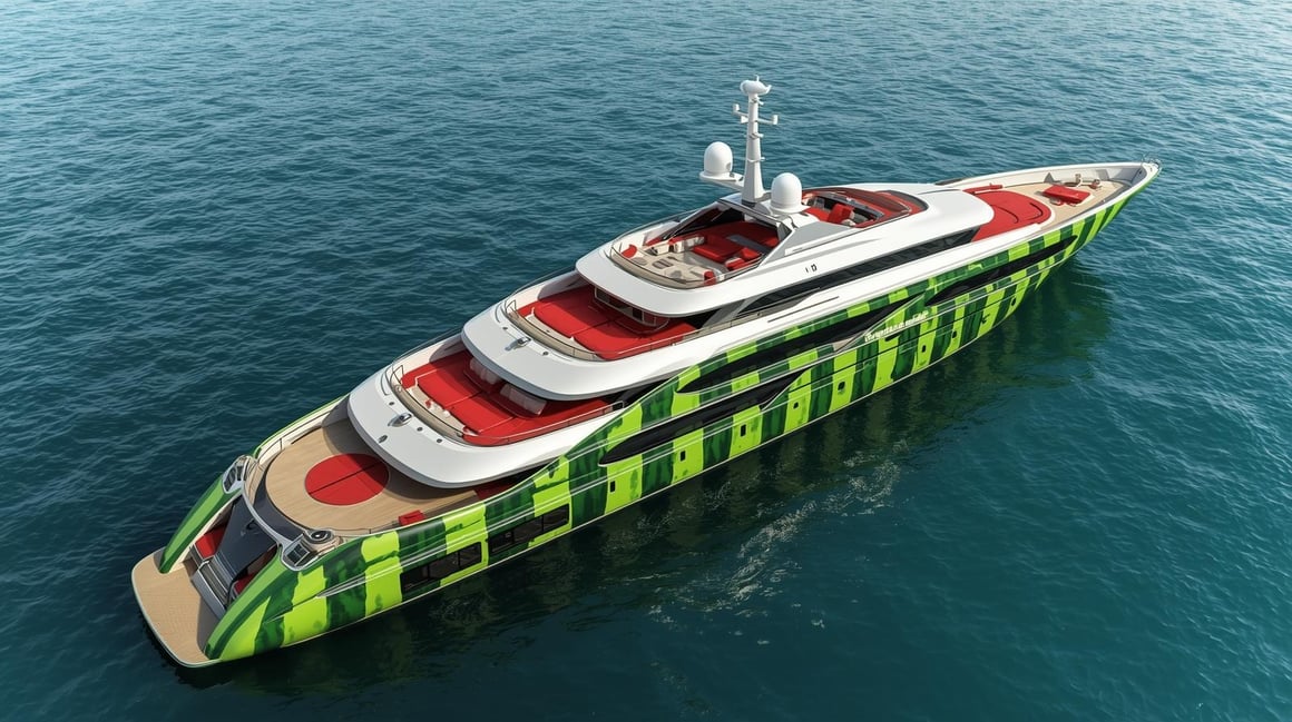 A large yacht that looks kind of like a watermellon