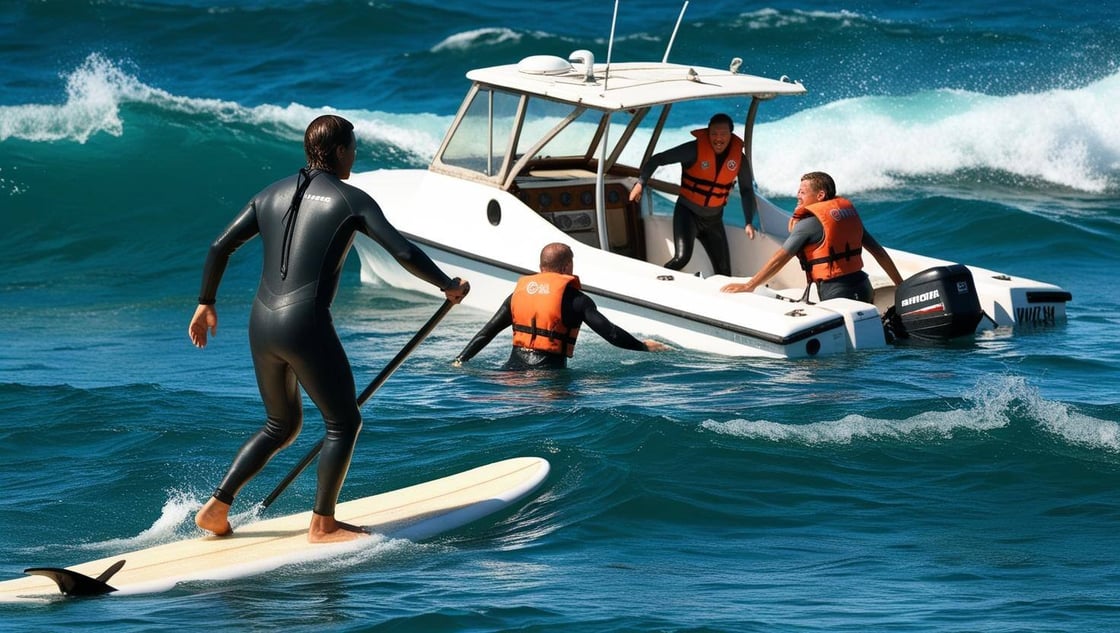 A man in a wetsuit, on a surfboard paddling towards a sinking small power boat where two other men are struggling to stay afloat in the water