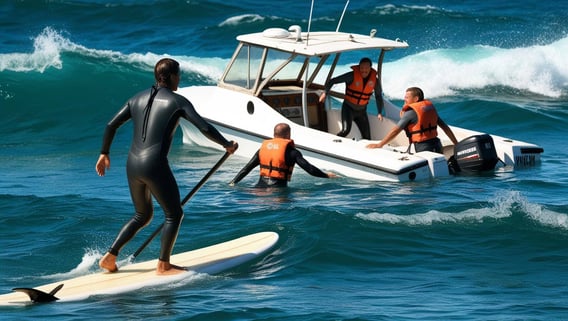 A man in a wetsuit, on a surfboard paddling towards a sinking small power boat where two other men are struggling to stay afloat in the water