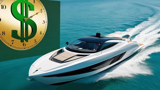 A sleek, modern speedboat cutting through calm, sunlit water, with a overlay of a ticking clock and a dollar sign. 16_9 aspect ratio, vibrant colors, cinematic lighting.