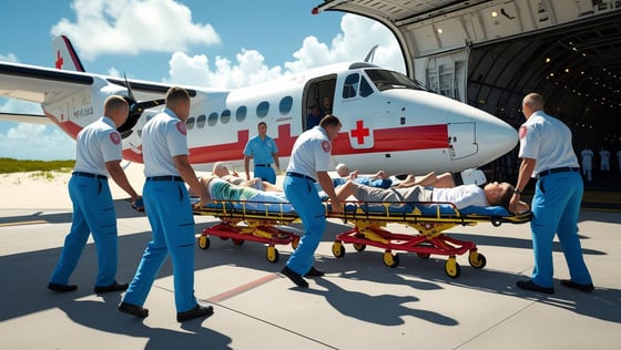 Ambulance plane loading people on vacation that got hurt
