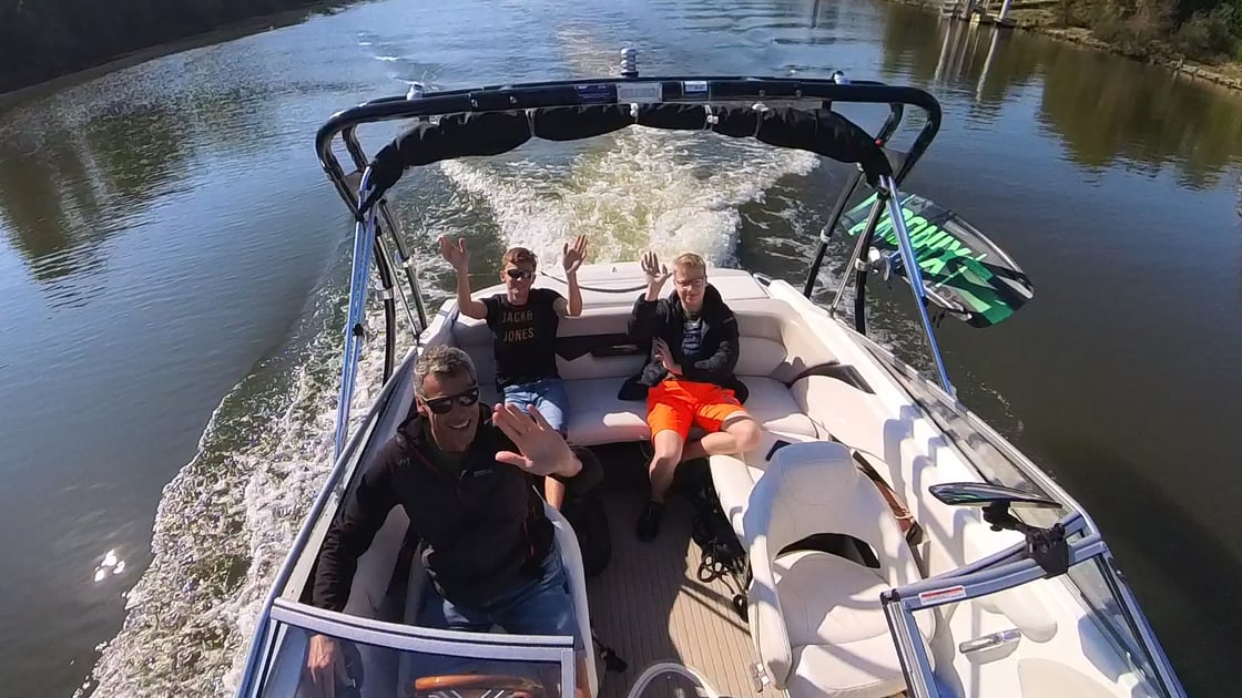Enjoying one of the last days of the season with my son and a friend. Wakeboarding with our 2010 Glastron GLS215 on the Maas River near Roermond, the Netherlands.