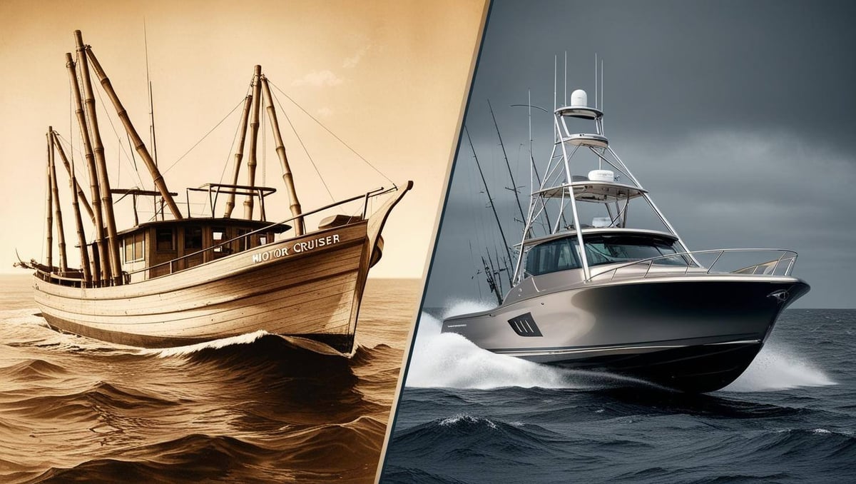 Generate an image contrasting the evolution of sport fishing boats. On one side, show a vintage 1920s-1930s motor cruiser with bamboo outriggers and a simple fighting chair. On the o