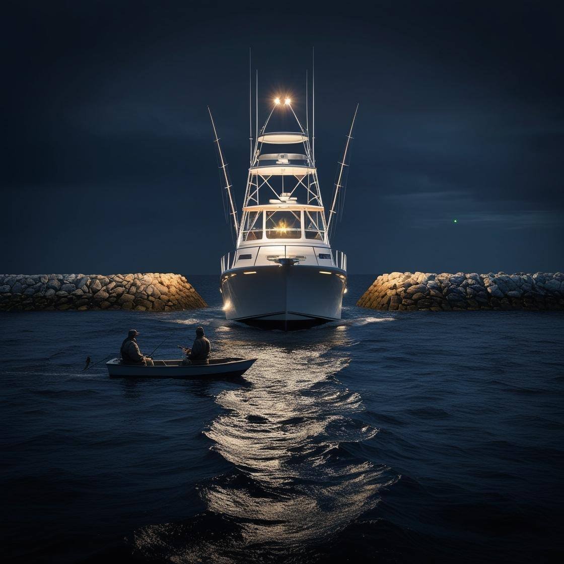 _A realistic, wide, nighttime photo on the water showing a 40-foot boat under power, heading towards an dark small skiff with two fishermen aboard. The skiff is very low in the water