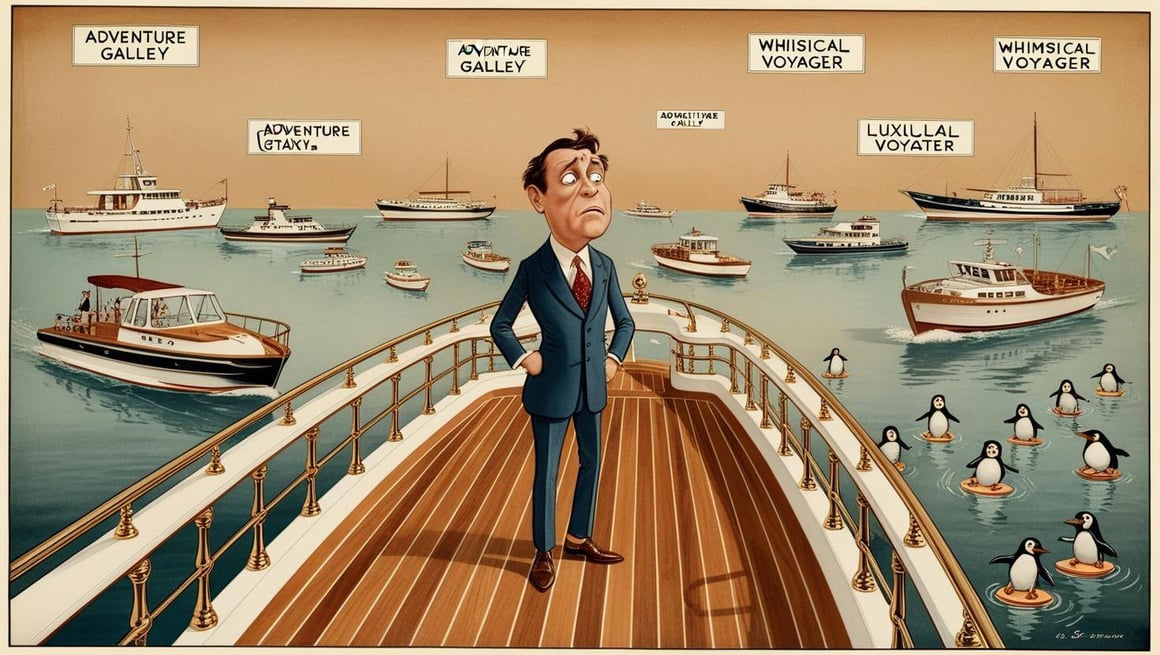 a vintage, hand-drawn illustration of a confused-looking man standing on the deck of a large, luxurious motor yacht, surrounded by a sea of other boats each a different size a shape 