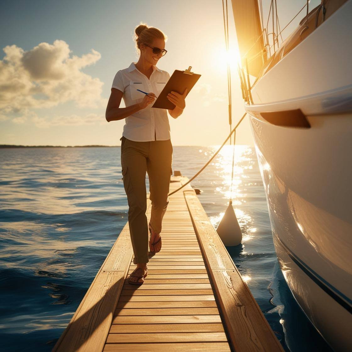 someone walking down the dock with a clipboard looking at their boat